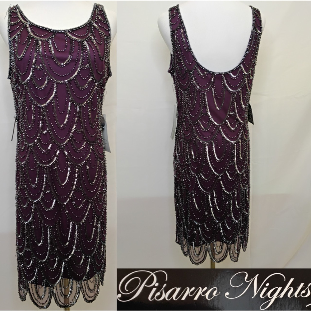 Pisarro Nights Carbon Beaded Cocktail Dress Women's 10 Purple New #Z5694